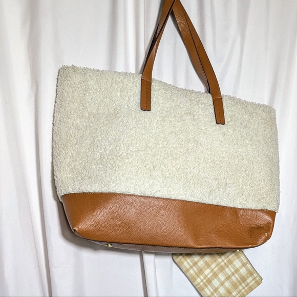 Women's J.Jill Wool & Leather Tote, detachable‎ clutch, cream & camel brown - Picture 3 of 15